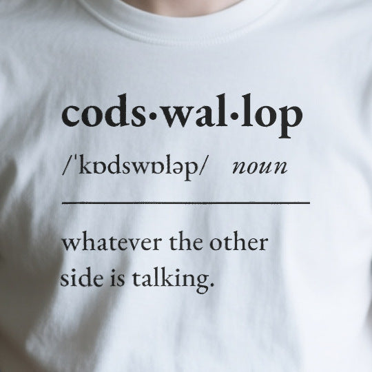 Close-up of the ODBB2EF49054 print on a white unisex t-shirt