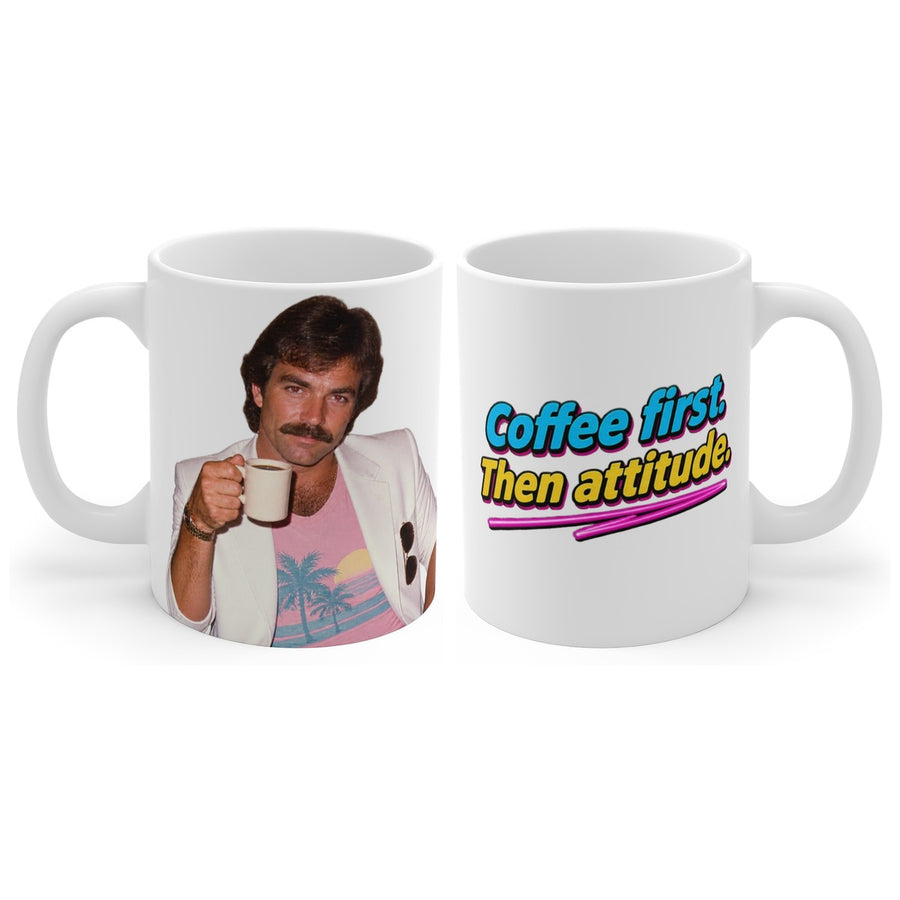 Coffee first. Then attitude. mug, handle right