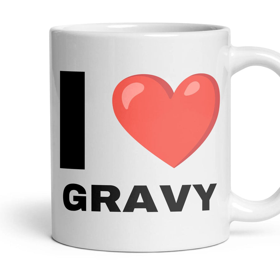 I LOVE GRAVY mug, 11oz white ceramic, handle right