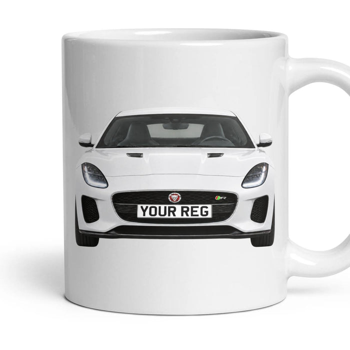 Jaguar F-Type Personalised Number Plate Mug - Fuji White - Front & Rear mug, 11oz white ceramic, Fuji White, handle right