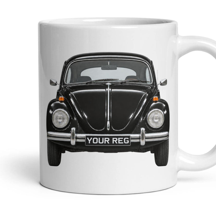 VW Beetle Personalised Number Plate Mug - Black - Front & Rear mug, 11oz white ceramic, Black, handle right