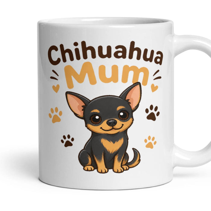 Chihuahua Mum mug, 11oz white ceramic, Black & Tan, handle right