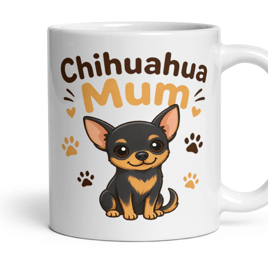 Chihuahua Mum mug, 11oz white ceramic, Black & Tan, handle right