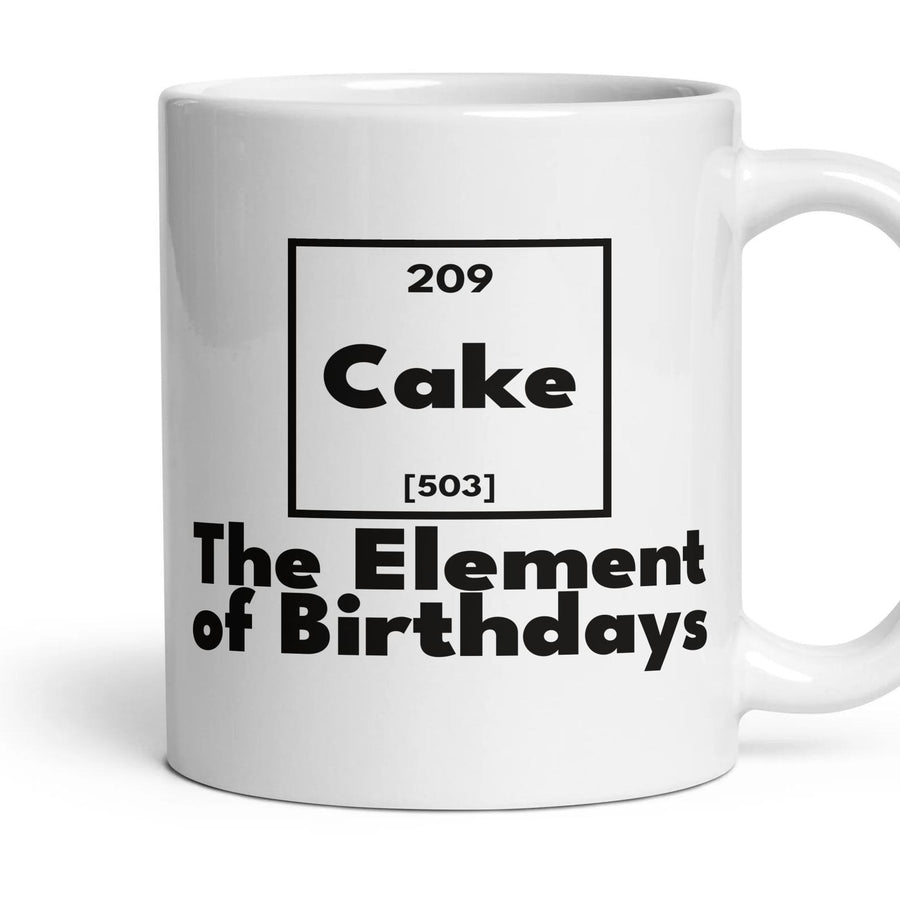 Cake The Element of Birthdays mug, 11oz white ceramic, handle right