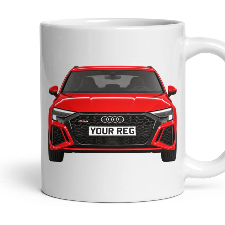 Audi RS3 Personalised Number Plate Mug - Catalunya Red - Front & Rear mug, 11oz white ceramic, Catalunya Red, handle right