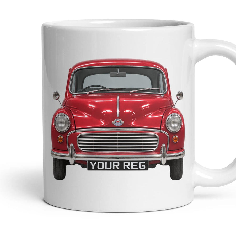 Morris Minor 1000 Personalised Number Plate Mug - Tartan Red - Front & Rear mug, 11oz white ceramic, Tartan Red, handle right