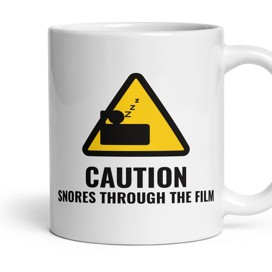 CAUTION: SNORES THROUGH THE FILM mug, 11oz white ceramic, handle right