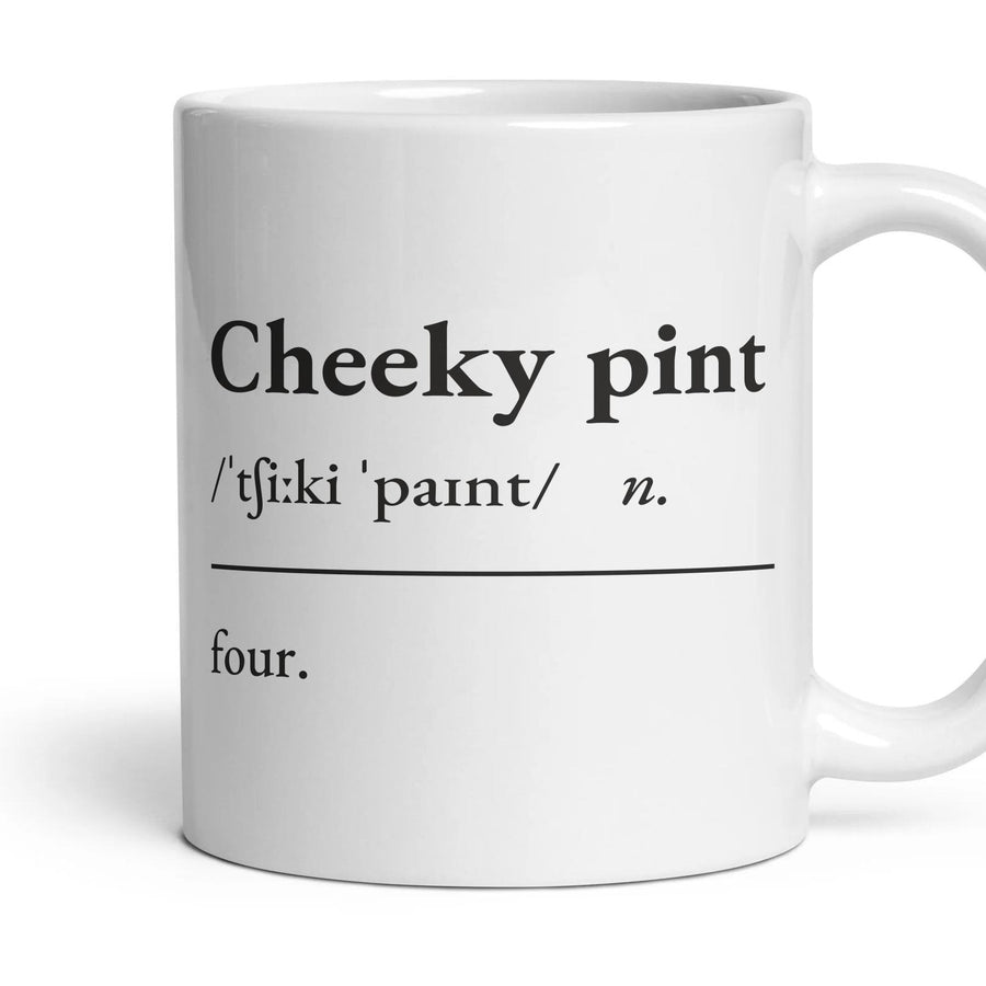 Cheeky pint mug, 11oz white ceramic, handle right