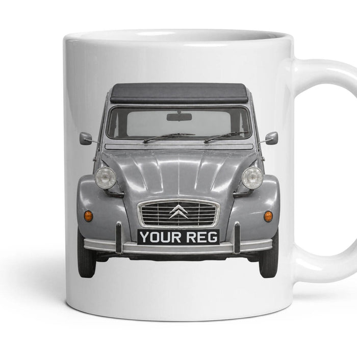 Citroen 2CV Personalised Number Plate Mug - 2CV Grey - Front & Rear mug, 11oz white ceramic, 2CV Grey, handle right