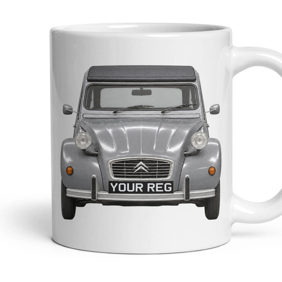 Citroen 2CV Personalised Number Plate Mug - 2CV Grey - Front & Rear mug, 11oz white ceramic, 2CV Grey, handle right