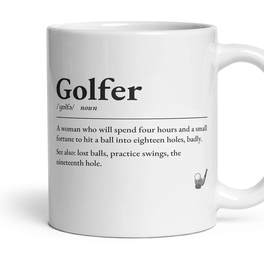 Golf Mum mug, 11oz white ceramic, handle right