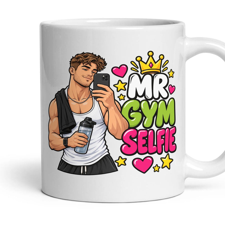 Mr Gym Selfie mug, 11oz white ceramic, handle right