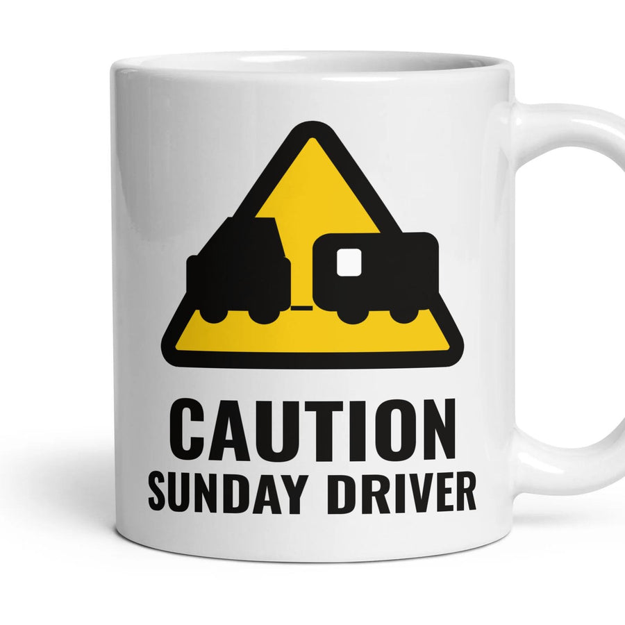 CAUTION: SUNDAY DRIVER mug, 11oz white ceramic, handle right