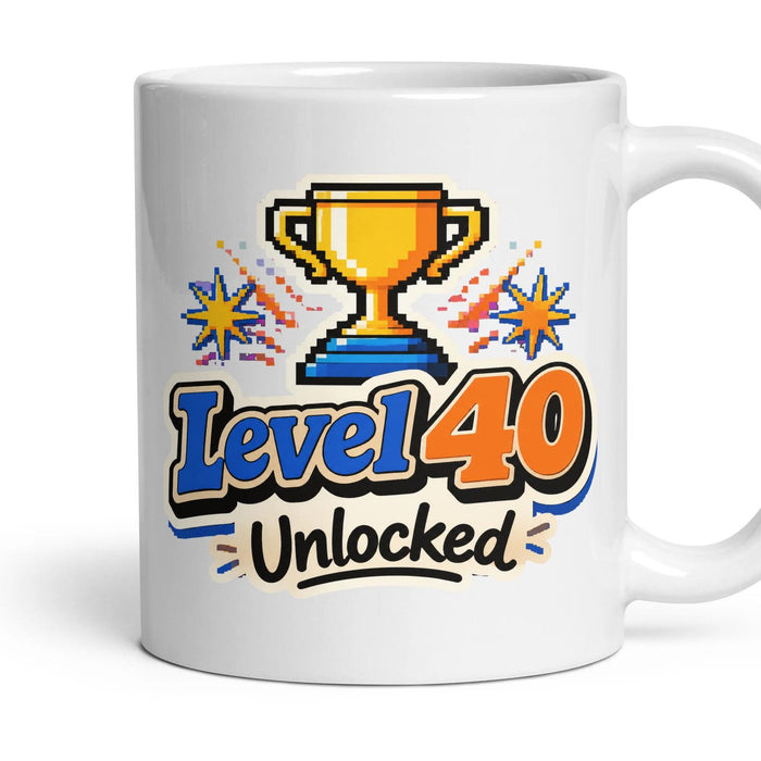 Level 40 Unlocked mug, 11oz white ceramic, handle right