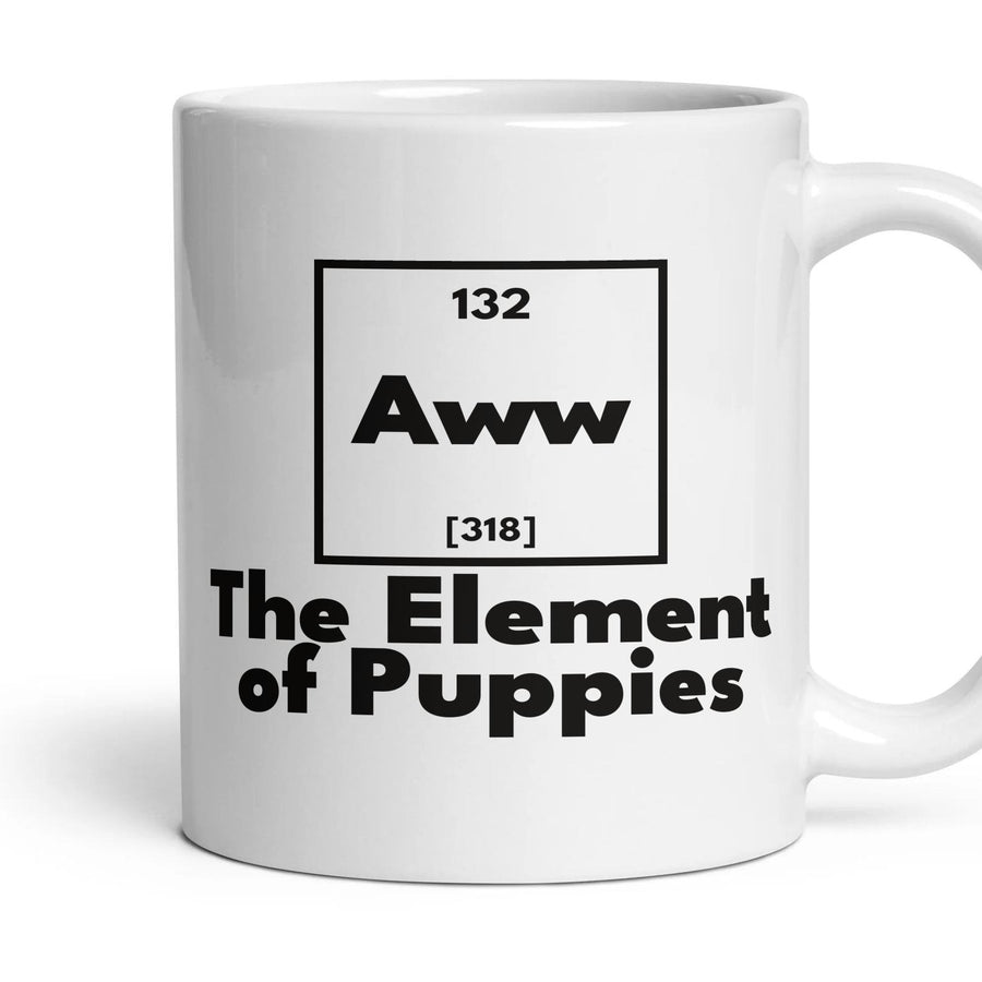 Aww The Element of Puppies mug, 11oz white ceramic, handle right