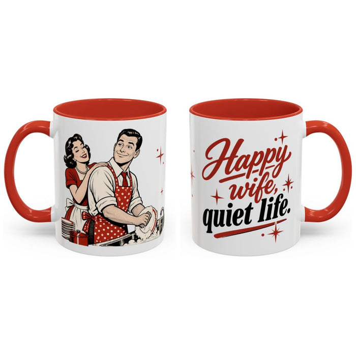 Happy wife, quiet life. mug, 11oz white ceramic, red handle and interior, handle right