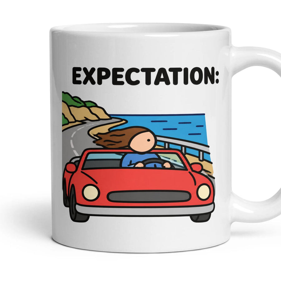 A Road Trip mug, 11oz white ceramic, handle right