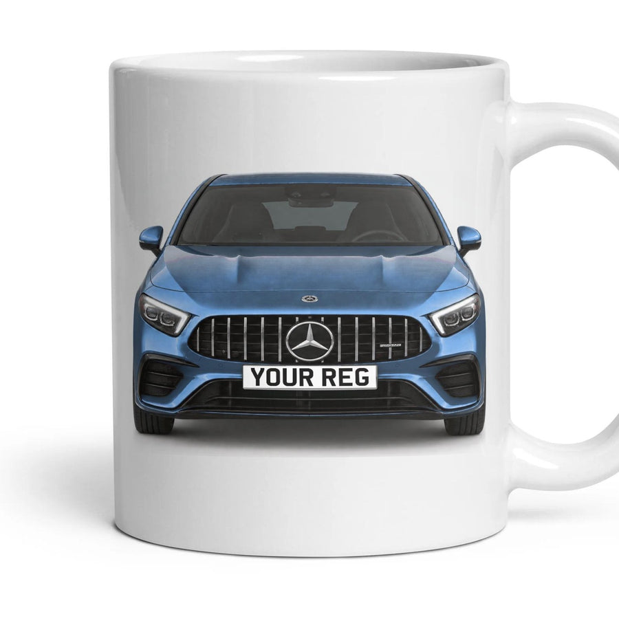 Mercedes-AMG A35 Personalised Number Plate Mug - Denim Blue - Front & Rear mug, 11oz white ceramic, Denim Blue, handle right