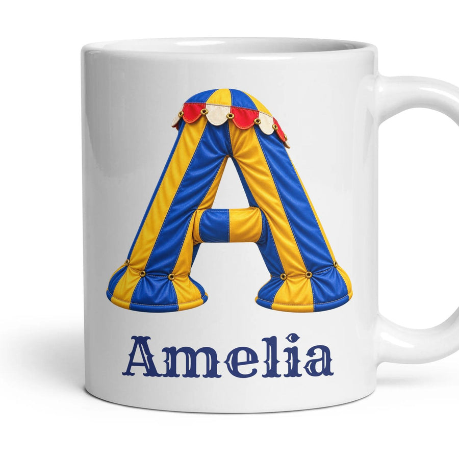 Personalised Circus Monogram Mug mug, 11oz white ceramic, handle right