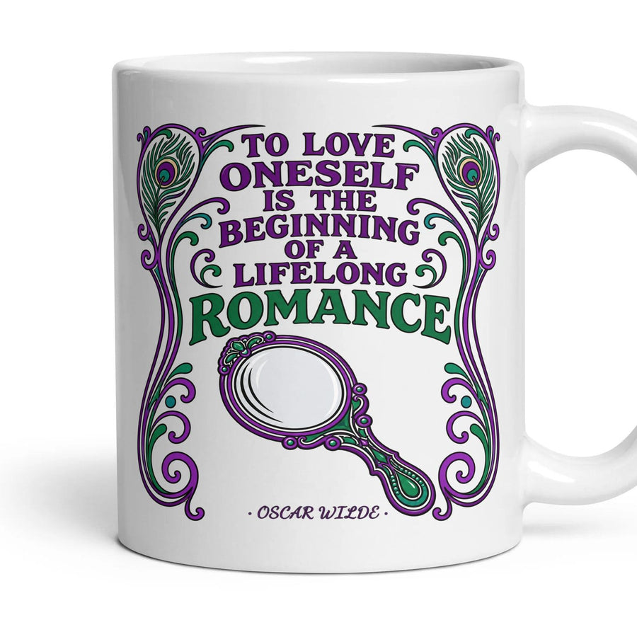 To love oneself is the beginning of a lifelong romance mug, 11oz white ceramic, handle right