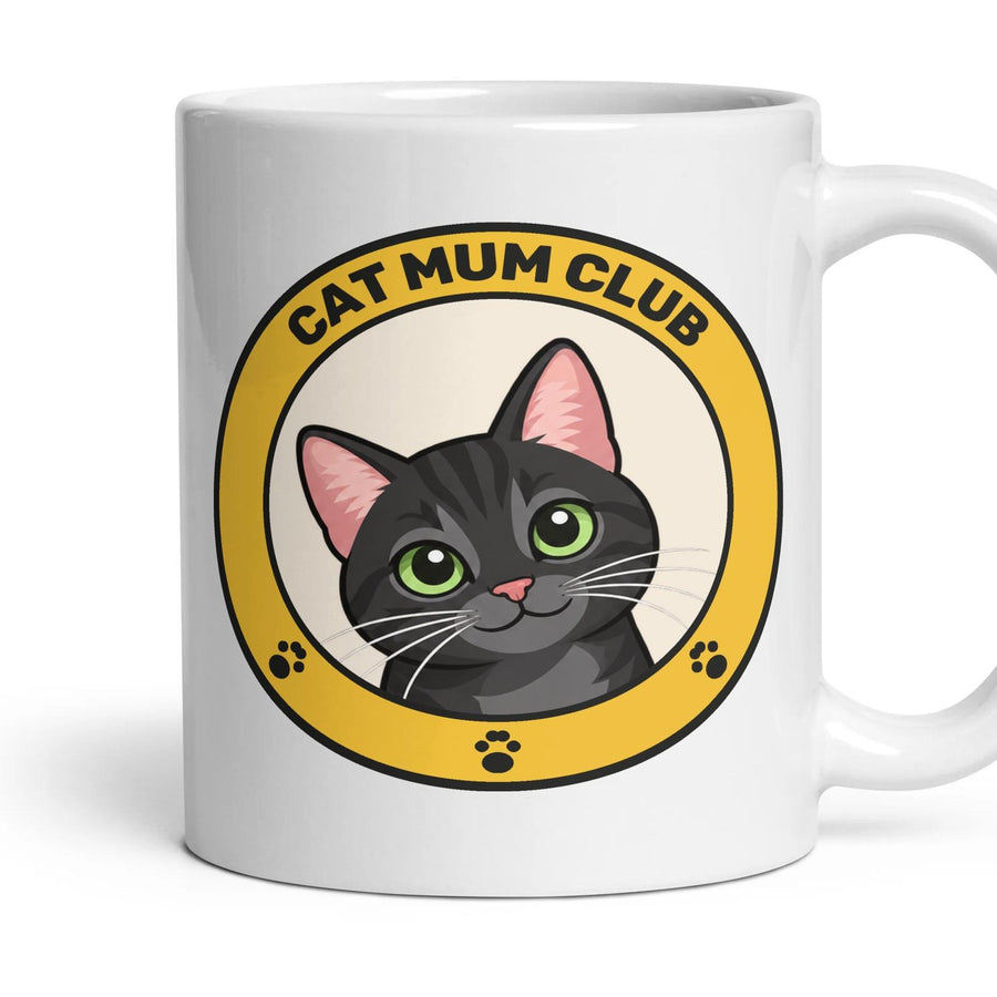 Cat Mum Club mug, 11oz white ceramic, Black, handle right
