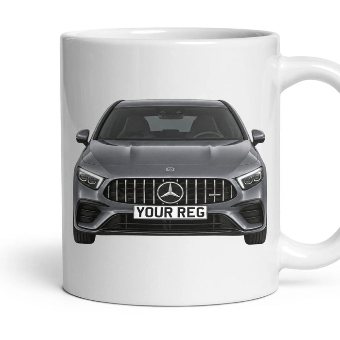 Mercedes-AMG A35 Personalised Number Plate Mug - Mountain Grey - Front & Rear mug, 11oz white ceramic, Mountain Grey, handle right