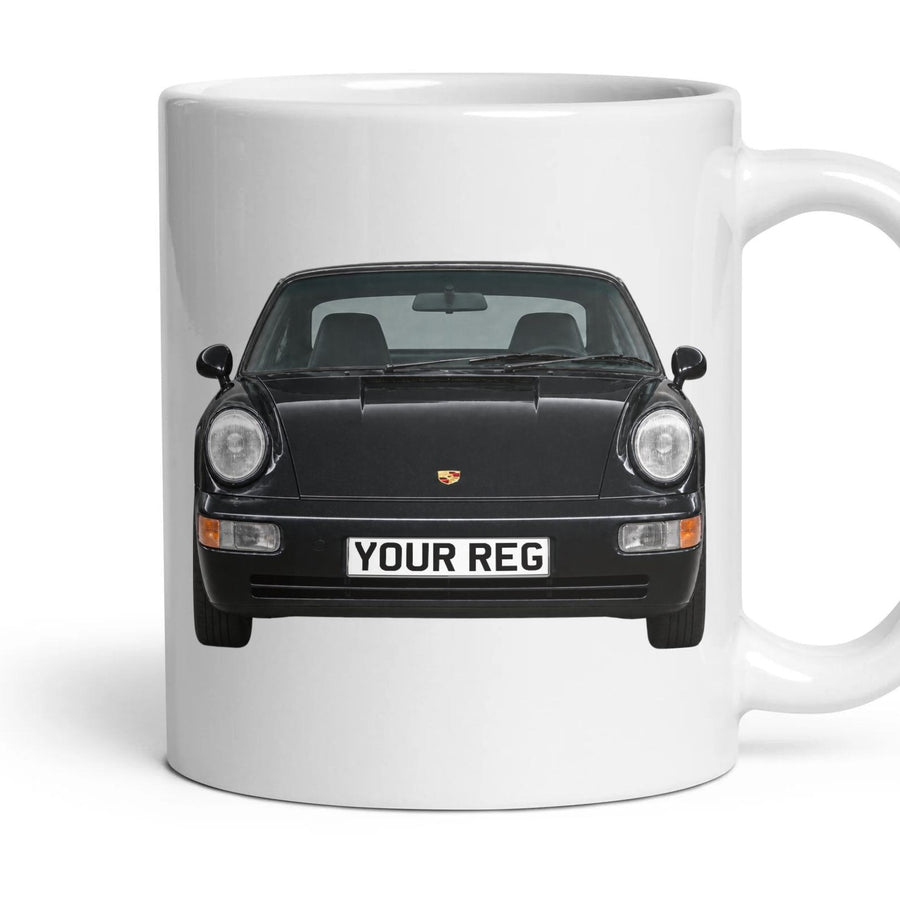 Porsche 911 964 Personalised Number Plate Mug - Black Metallic - Front & Rear mug, 11oz white ceramic, Black Metallic, handle right