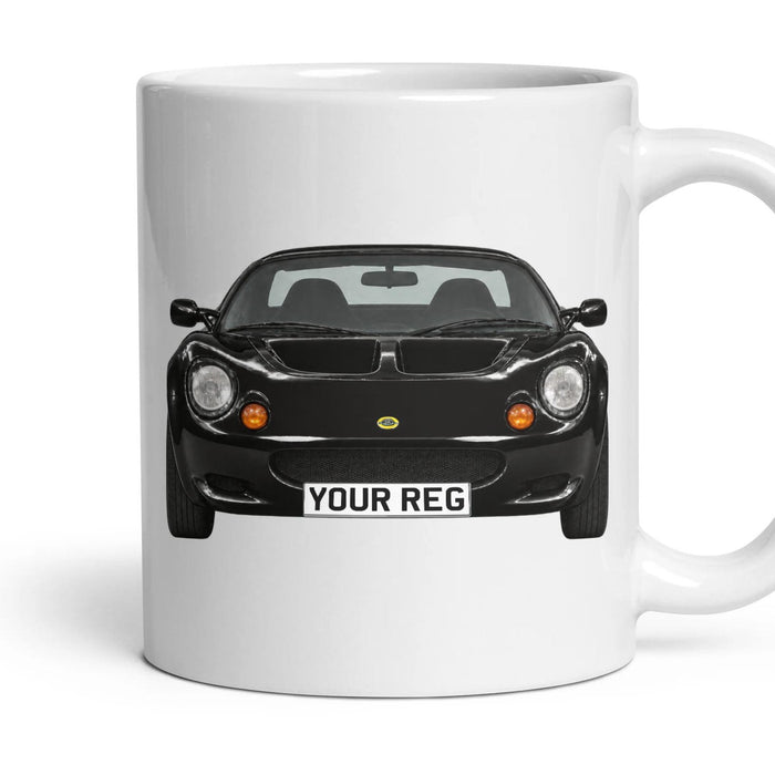 Lotus Elise Personalised Number Plate Mug - Black - Front & Rear mug, 11oz white ceramic, Black, handle right