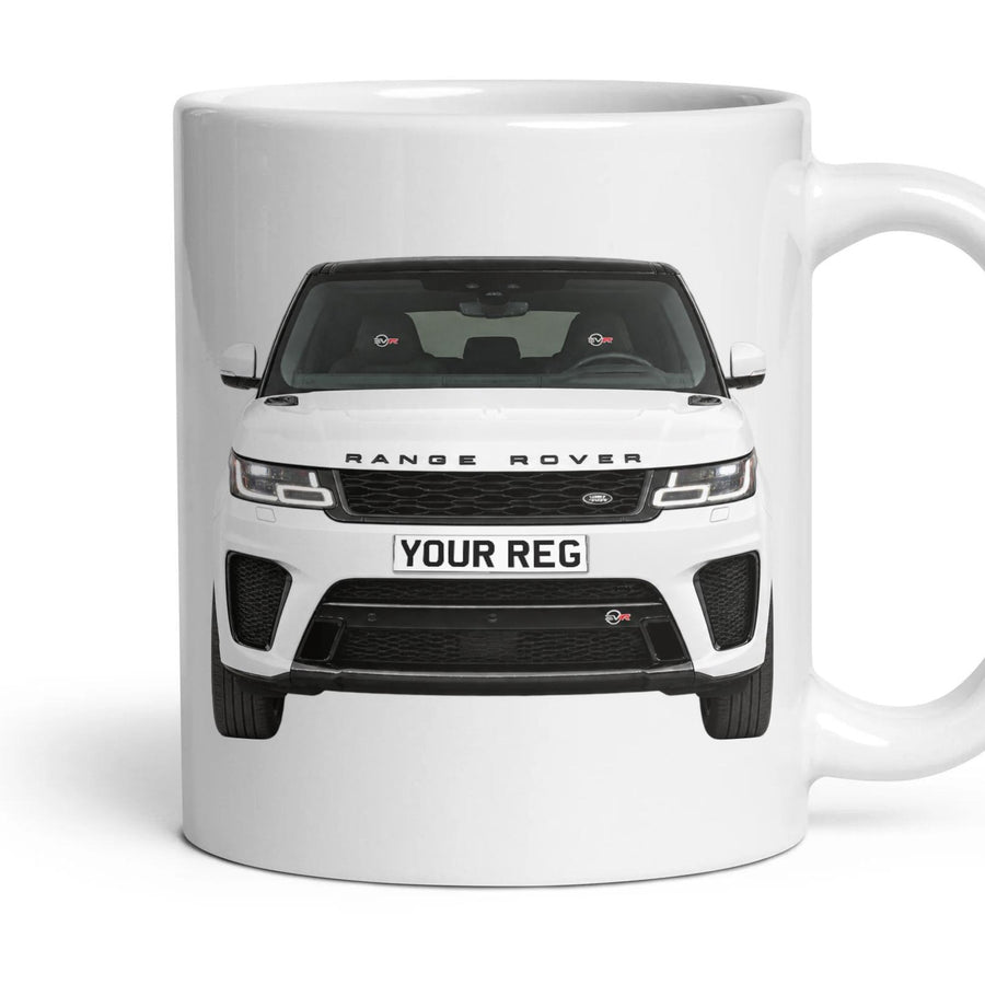 Range Rover Sport SVR Personalised Number Plate Mug - Fuji White - Front & Rear mug, 11oz white ceramic, Fuji White, handle right