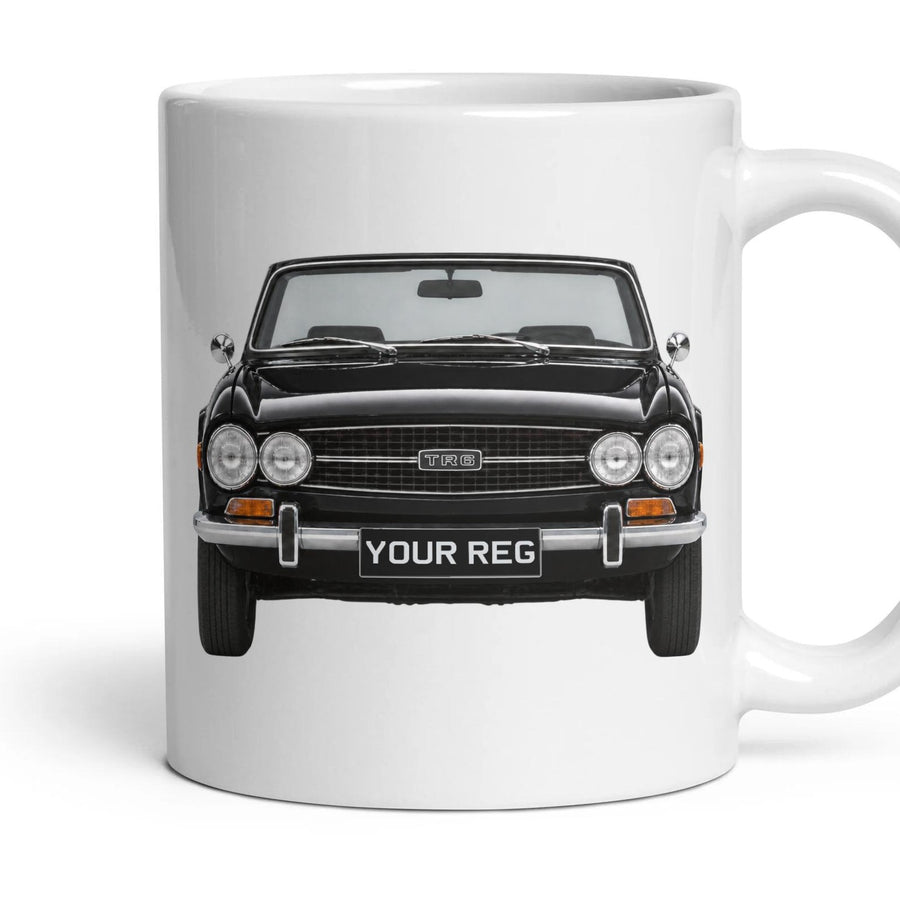 Triumph TR6 Personalised Number Plate Mug - Black - Front & Rear mug, 11oz white ceramic, Black, handle right