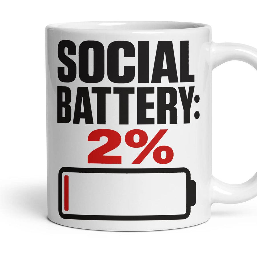 Social Battery: 2% mug, 11oz white ceramic, handle right