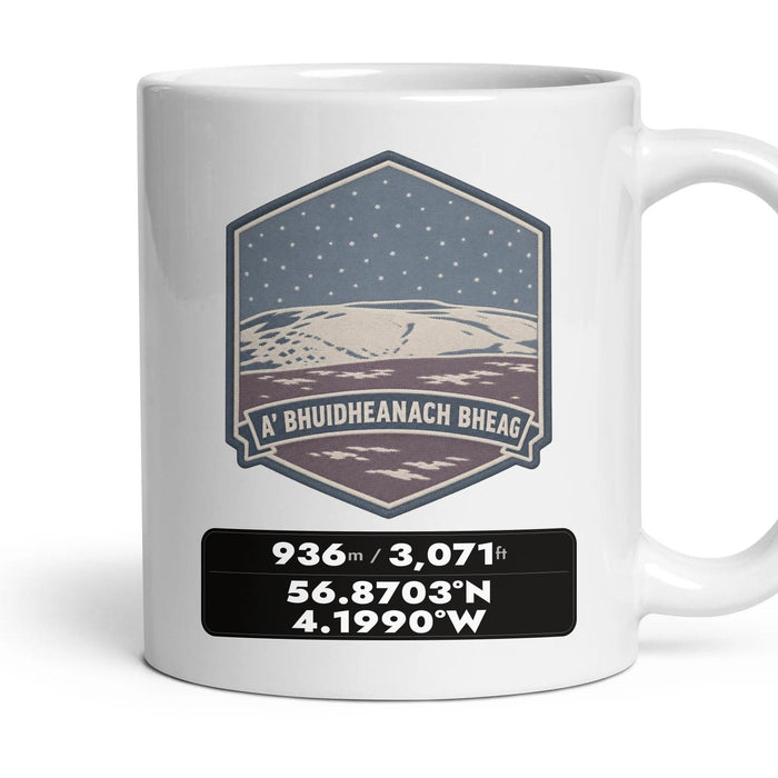 A' Bhuidheanach Bheag Summit Patch mug, 11oz white ceramic, A' Bhuidheanach Bheag, handle right