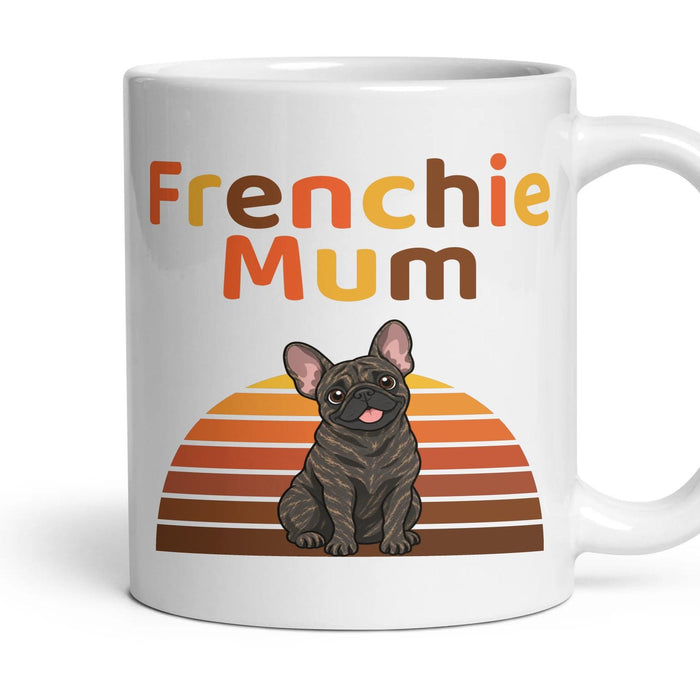 Frenchie Mum mug, 11oz white ceramic, Brindle, handle right
