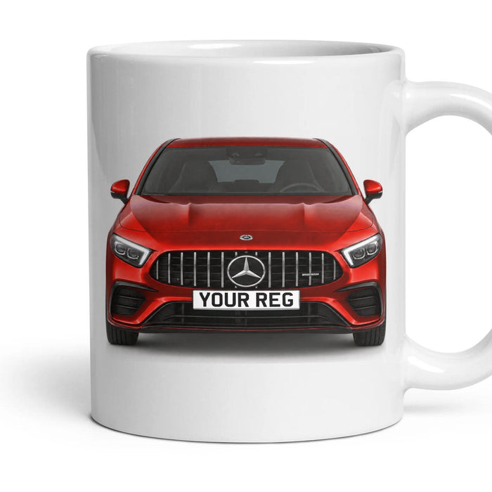 Mercedes-AMG A35 Personalised Number Plate Mug - Jupiter Red - Front & Rear mug, 11oz white ceramic, Jupiter Red, handle right