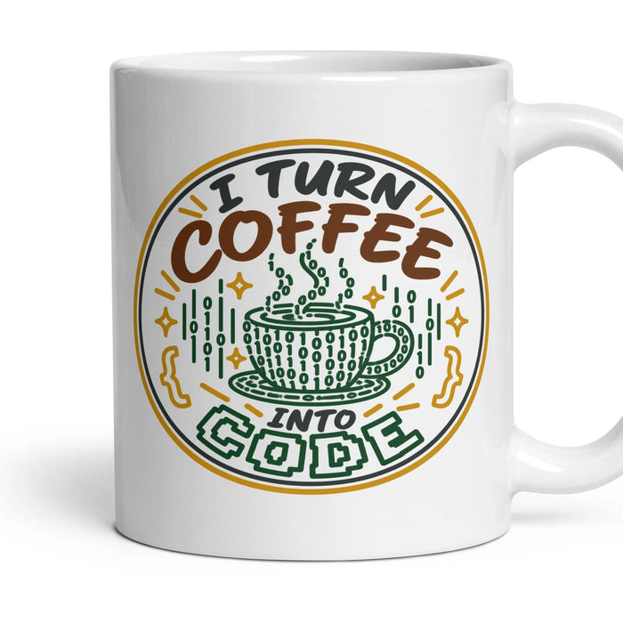 I TURN COFFEE INTO CODE mug, 11oz white ceramic, handle right