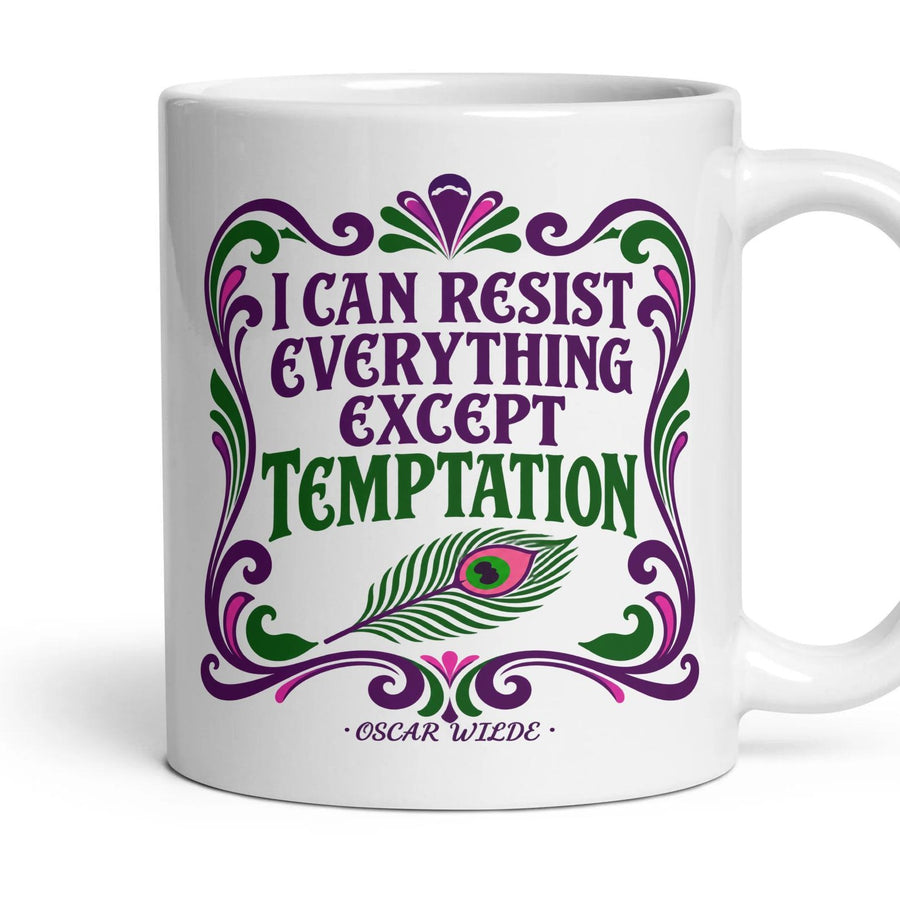 I can resist everything except temptation mug, 11oz white ceramic, handle right