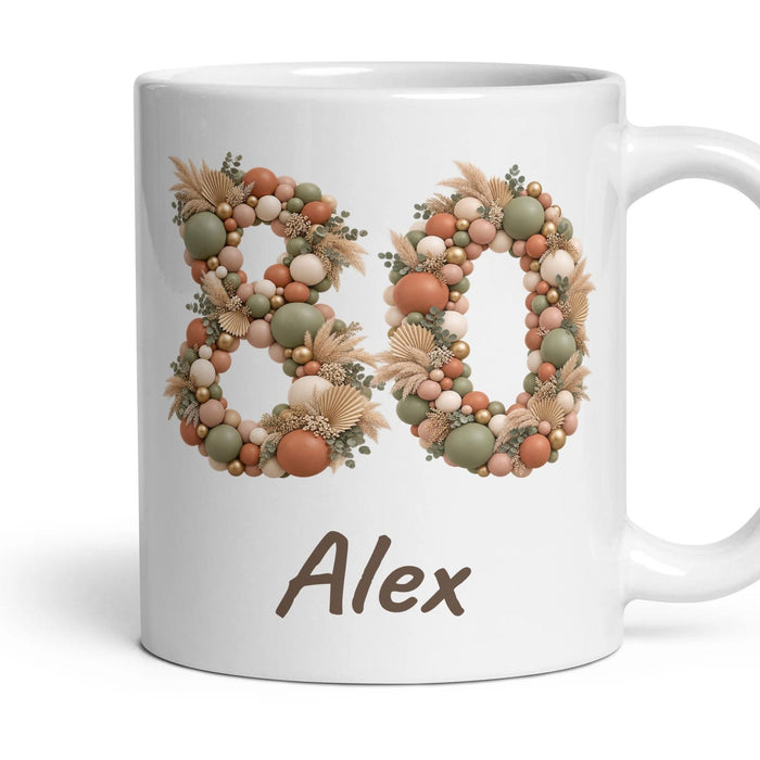 Personalised 80th Birthday Balloon Mug mug, 11oz white ceramic, Boho Sage & Terracotta, handle right