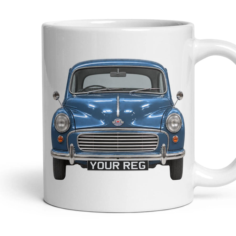 Morris Minor 1000 Personalised Number Plate Mug - Trafalgar Blue - Front & Rear mug, 11oz white ceramic, Trafalgar Blue, handle right