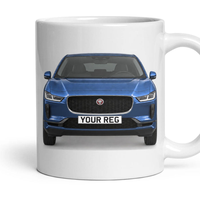 Jaguar I-Pace Personalised Number Plate Mug - Caesium Blue Metallic - Front & Rear mug, 11oz white ceramic, Caesium Blue Metallic, handle right