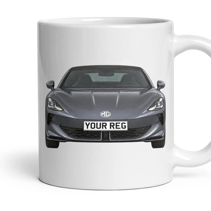 MG Cyberster Personalised Number Plate Mug - Camden Grey - Front & Rear mug, 11oz white ceramic, Camden Grey, handle right