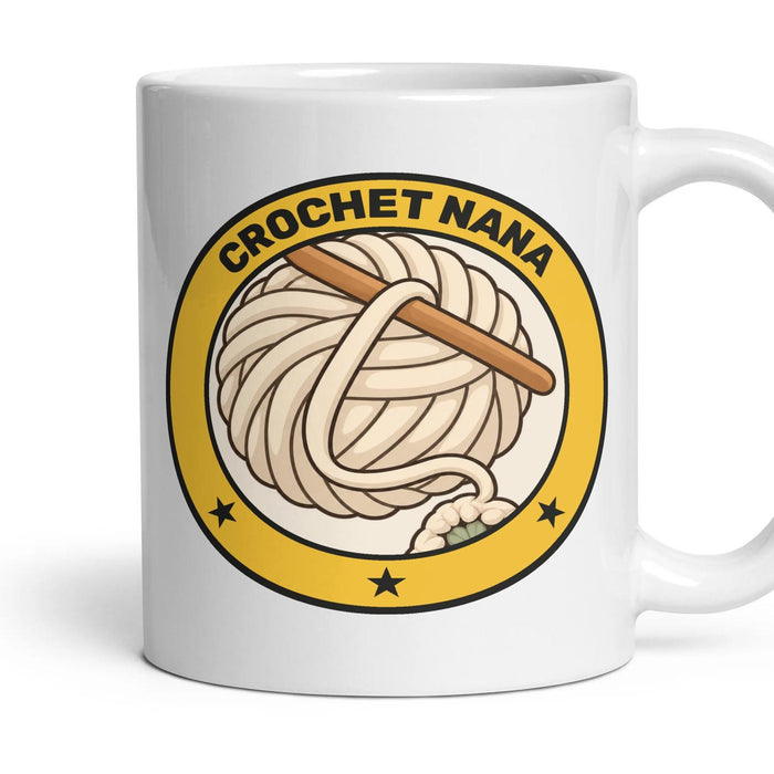 Crochet Nana mug, 11oz white ceramic, handle right