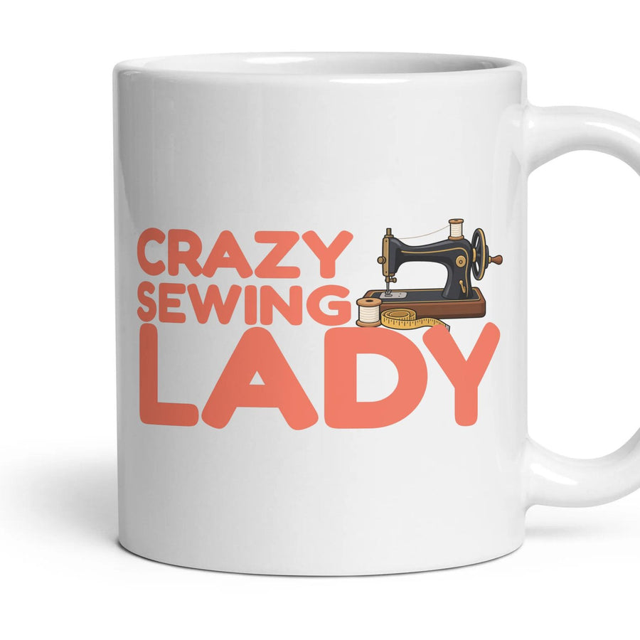 Crazy Sewing Lady mug, 11oz white ceramic, handle right