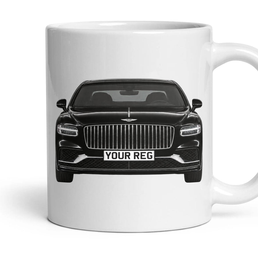 Bentley Flying Spur Personalised Number Plate Mug - Beluga Black - Front & Rear mug, 11oz white ceramic, Beluga Black, handle right