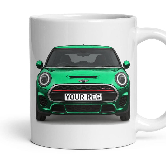Mini John Cooper Works Personalised Number Plate Mug - British Racing Green IV - Front & Rear mug, 11oz white ceramic, British Racing Green IV, handle right