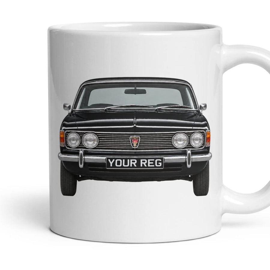Rover P5B Personalised Number Plate Mug - Black - Front & Rear mug, 11oz white ceramic, Black, handle right