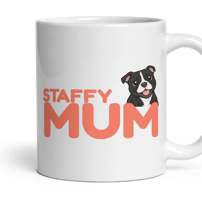 Staffy Mum mug, 11oz white ceramic, Black & White, handle right