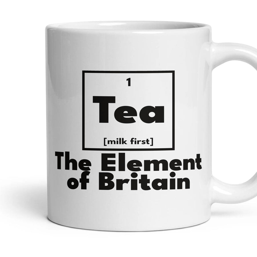 Tea The Element of Britain mug, 11oz white ceramic, handle right