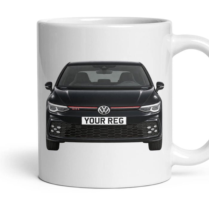 VW Golf GTI Mk8 Personalised Number Plate Mug - Deep Black Pearl - Front & Rear mug, 11oz white ceramic, Deep Black Pearl, handle right