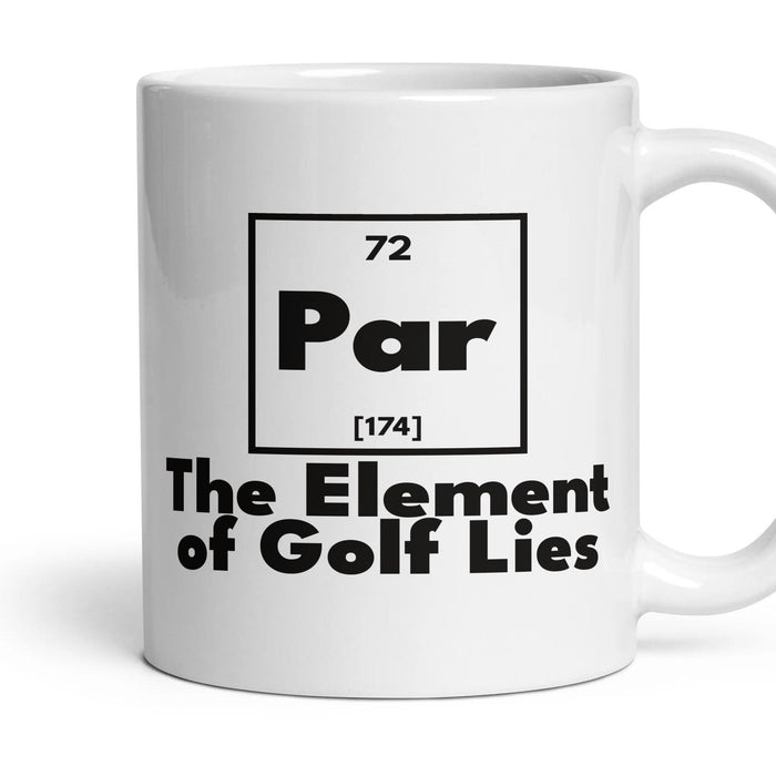 Par The Element of Golf Lies mug, 11oz white ceramic, handle right