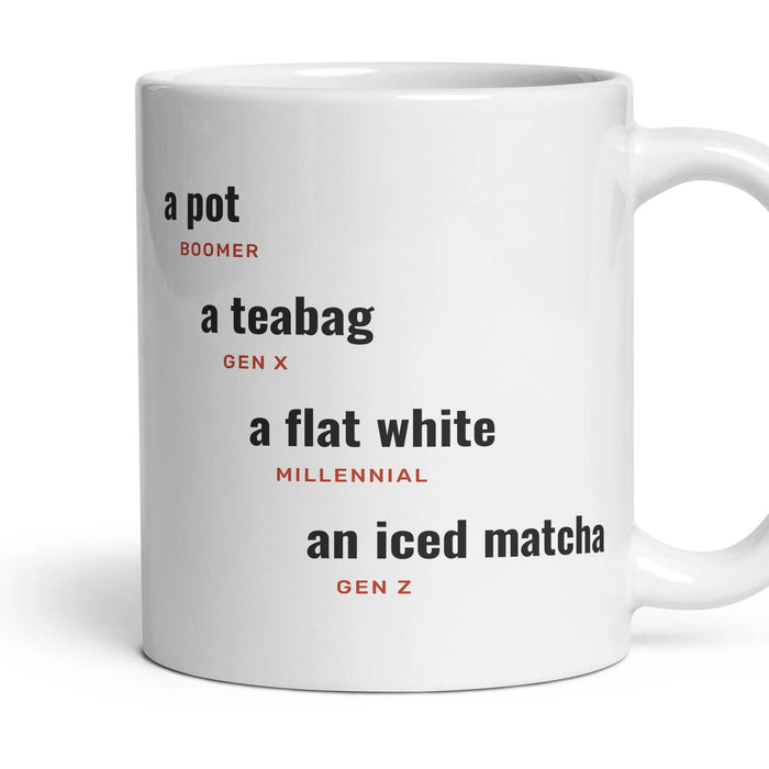 Tea: a pot, a teabag, a flat white, an iced matcha mug, 11oz white ceramic, handle right